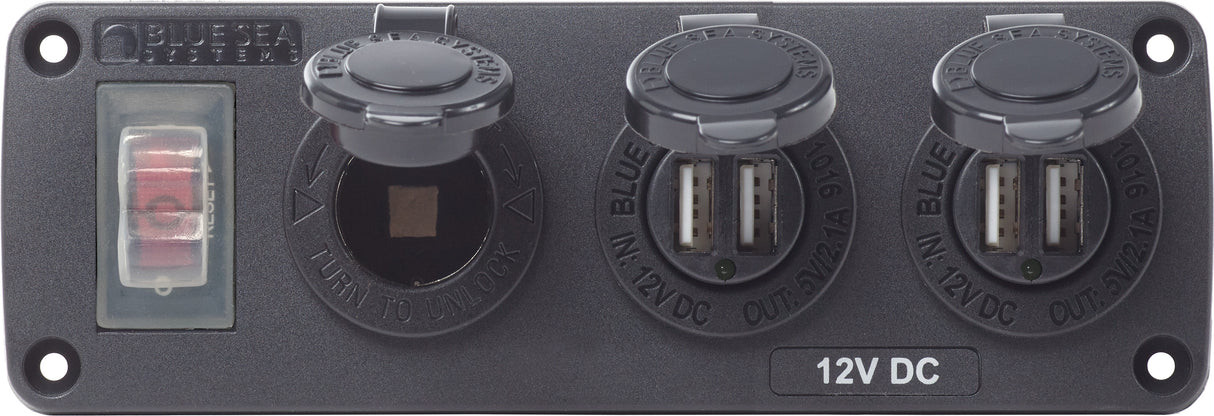 Blue Sea Water-Resistant 12V 15A Circuit Accessory Panel 12v Socket and Dual USB x 2