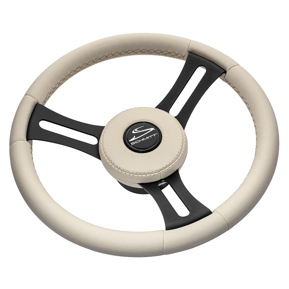 Schmitt Marine Torcello Elite 14" Wheel - Beige Leather &amp; Cap - White Stitching - Black SS Spokes - 3/4" Tapered Shaft